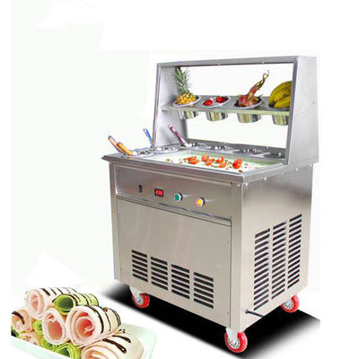 เครื่องทําไอศกรีมกระทะสองแบบ หมักกับตู้เย็น / เครื่องทําไอศกรีมม้วน ไทย stir fry